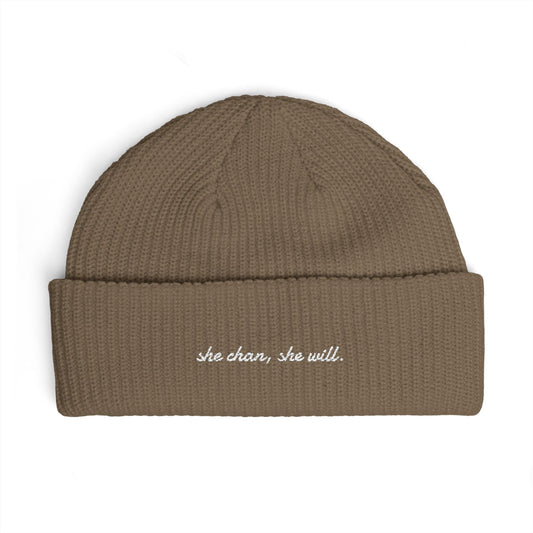 Cuff Beanie — "She Came, She Will." Embroidered Cozy Knit Hat