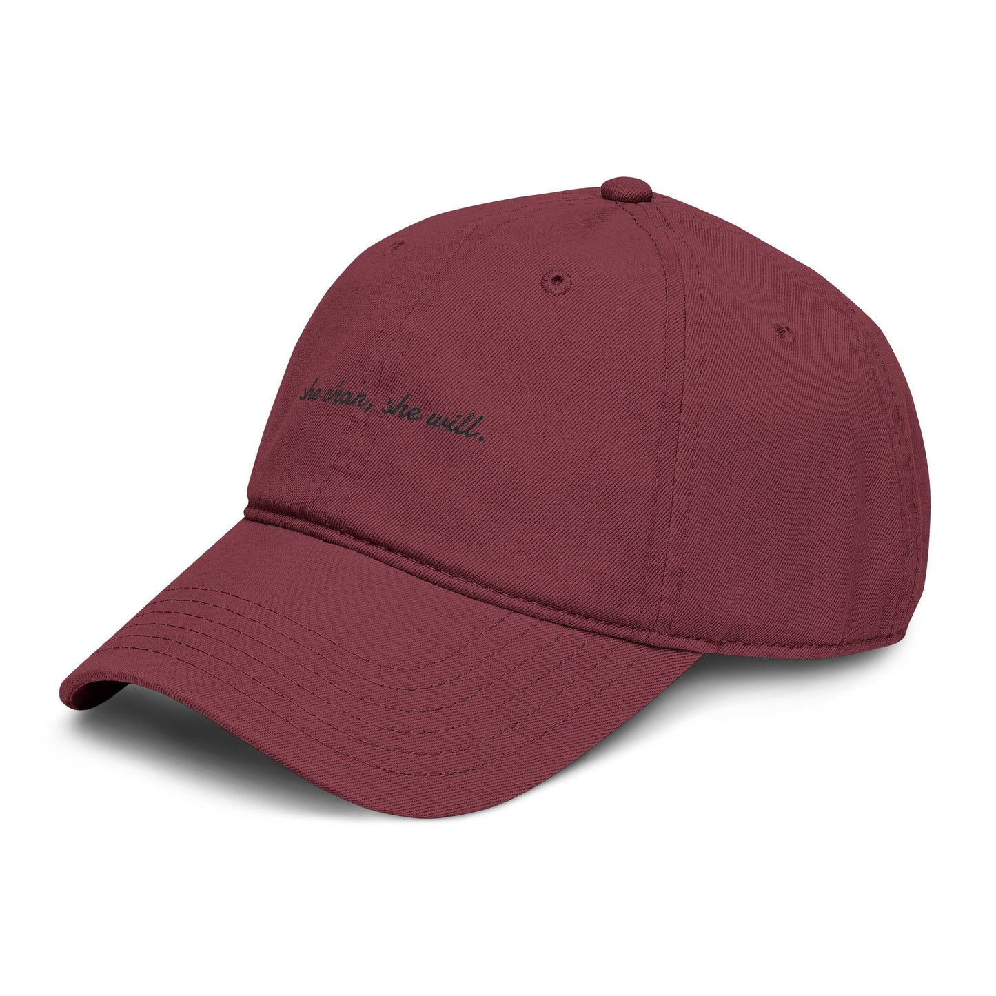 Washed Baseball Cap — "She Can, She Will" Embroidered Hat
