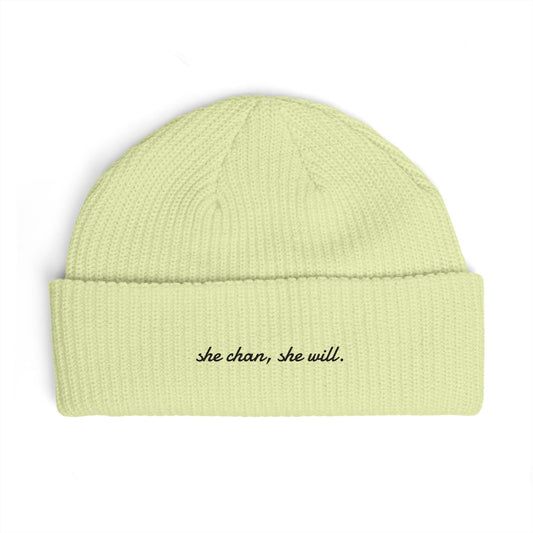 Cuff Beanie — "she can, she will." Embroidered Motivational Knit Hat