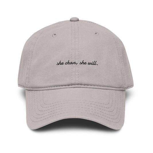 Washed Baseball Cap — "She Can, She Will" Embroidered Hat
