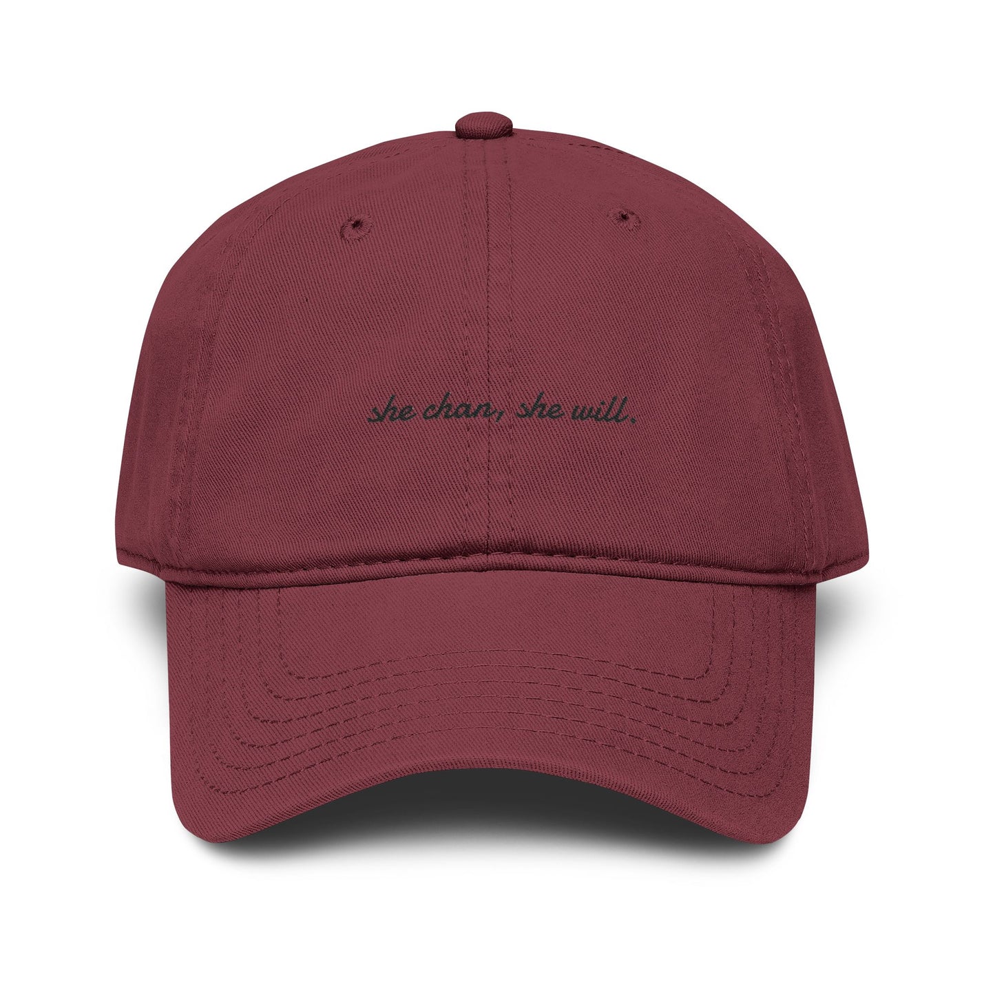 Washed Baseball Cap — "She Can, She Will" Embroidered Hat